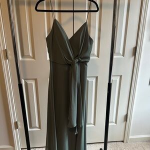 Jenny Yoo Olive Green Spaghetti Strap Wrap Maxi Dress